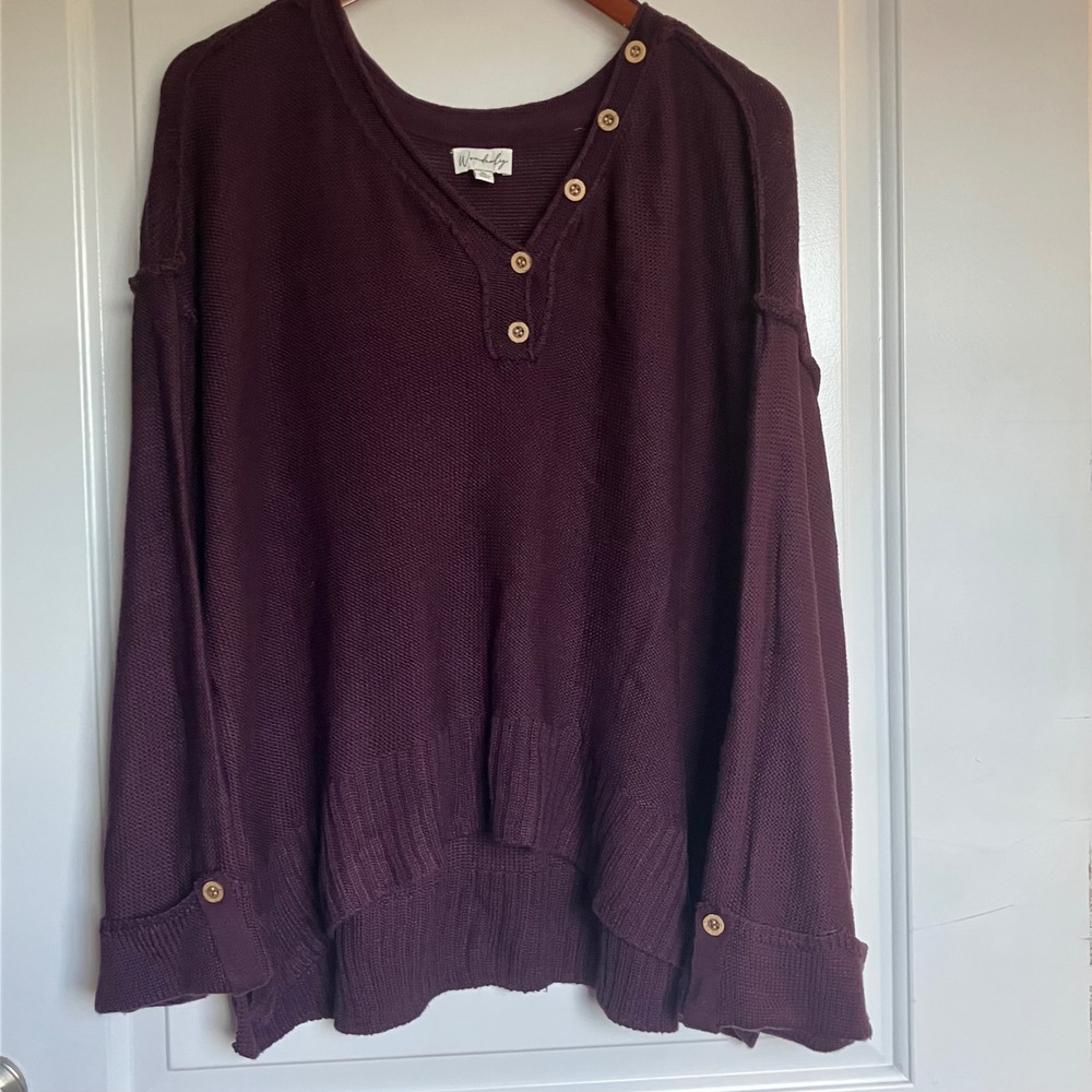 Wonderly Womens XL Plum Purple Knit Sweater Button Neck High Low Hem Relaxed
